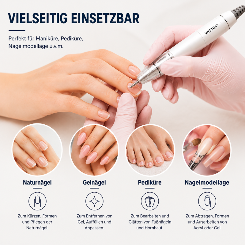 WITTEX Akku Nagelfräser 35.000 U/min – Kabellose Präzision für professionelle Maniküre, Pediküre und Nageldesign
